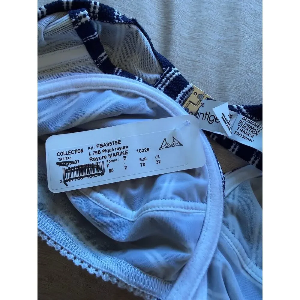 antigel by lise charmel navy blue & white stripe bikini top women size 32e